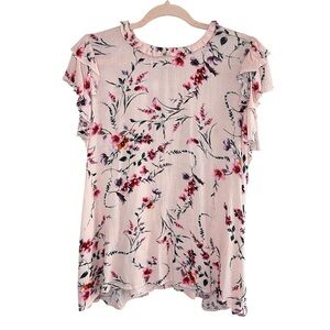 HAPTICS Pink Floral Double Ruffle Flutter Sleeve Blouse, Small